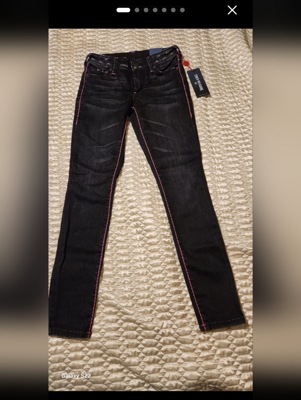 NWT TRUE RELIGION SIZE 24 LADIES Women’s Black Jeans with Pink Stitching -